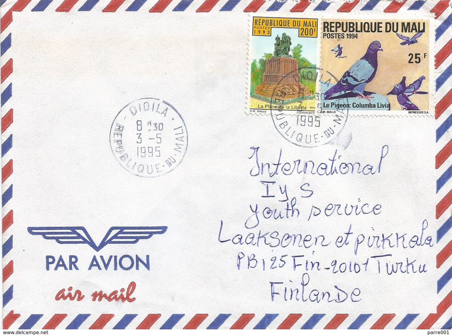 Mali 1995 Dioila Pigeon Dove Monument 200f Cover - Mali (1959-...)