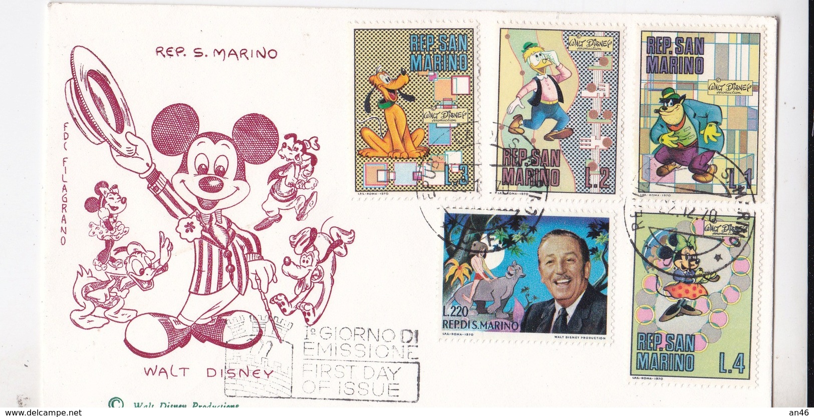 REP. S. MARINO WALT DISNEY  1° GIORNO EMISSIONE 22-12-70 AUTENTICA 100% - Posta