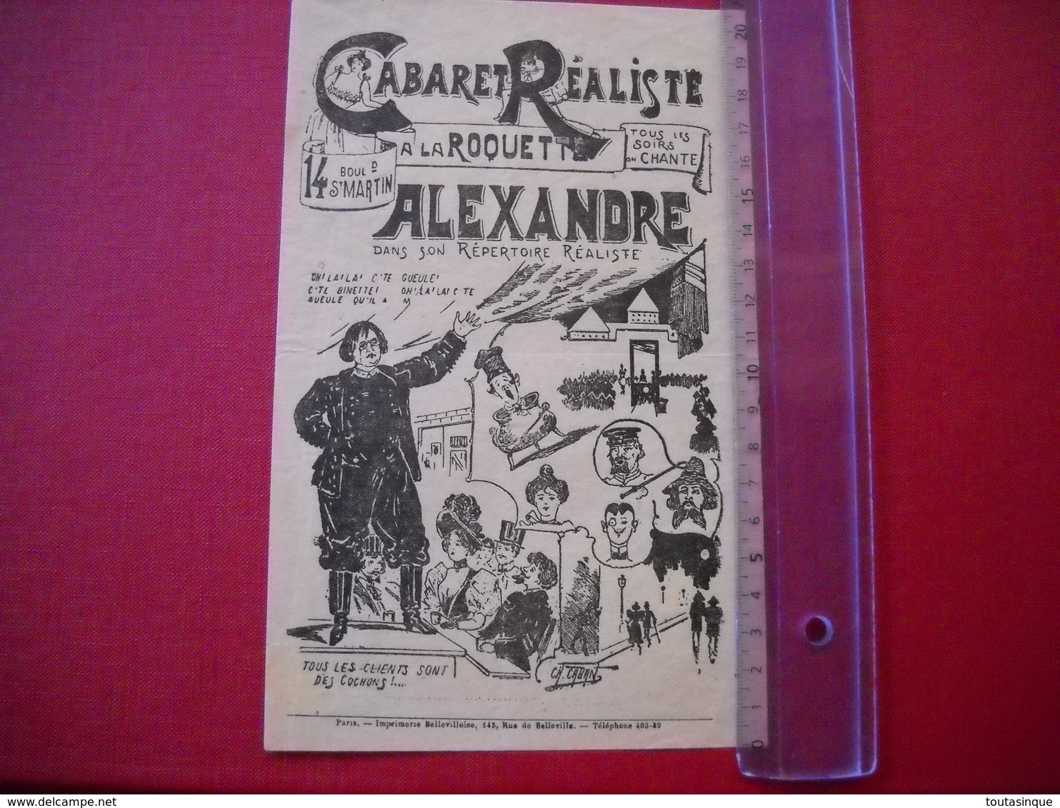 Paris , Boulevard Saint Martin  . Programme Papier Fin Du " Cabaret Réaliste ". Dessin Ch. Caban.début 1900 . Uniface. - Programmi