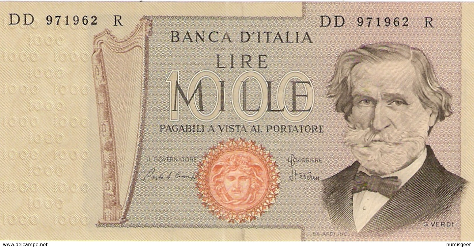 ITALIE  ---  1000 LIRE ( Verdi-- II° TIPO ) DD 971962 R ( Unc ) - 1.000 Lire