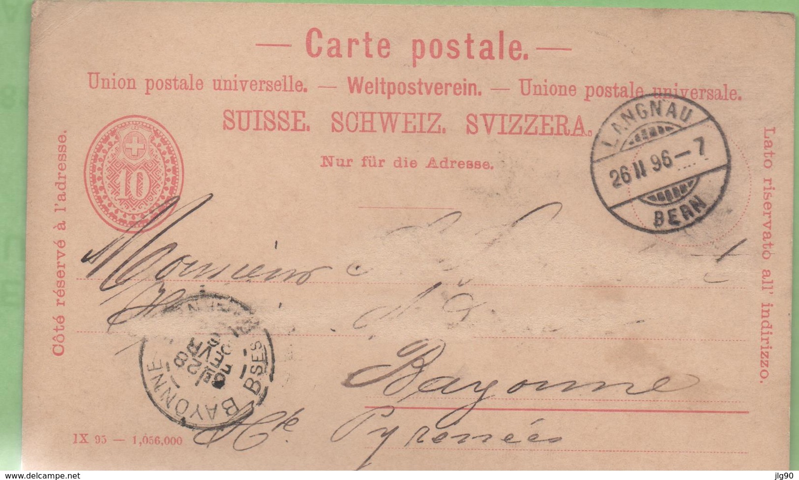 Suisse 10c Entier CP De Langnau à Bayonne 26/02/1896 - Ganzsachen