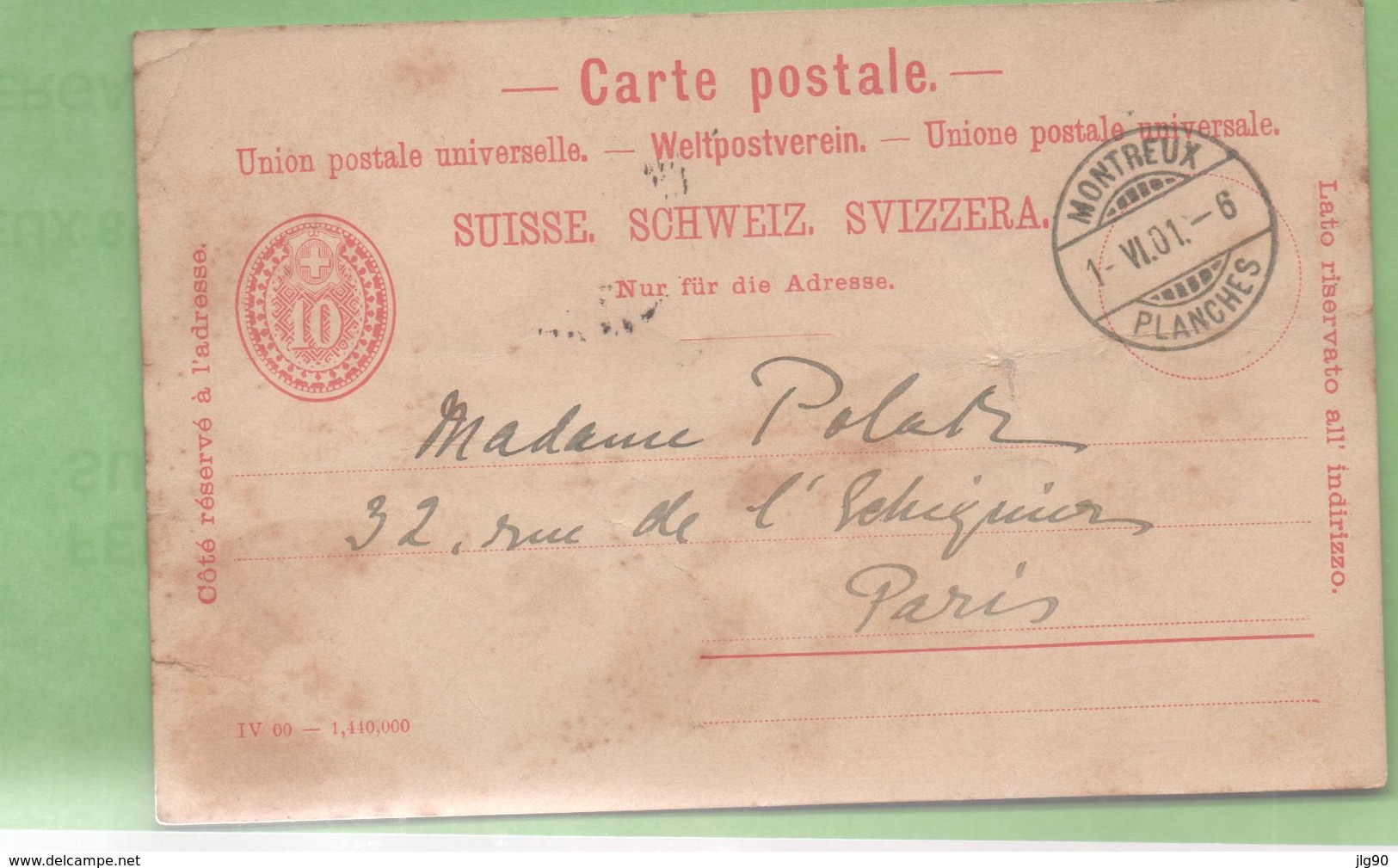 Suisse 10c Entier CP De Montreux  à Paris 1/06/1901 - Ganzsachen