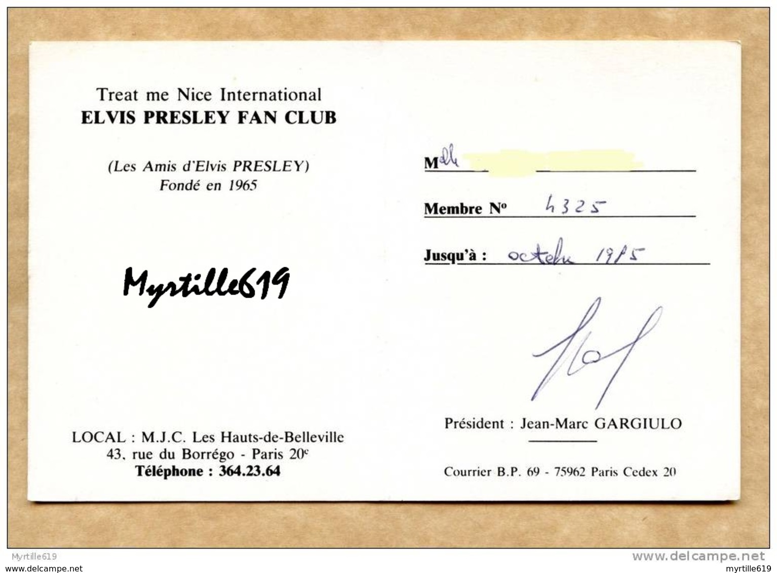 Elvis Presley - Carte De Membre Du Fan Club 1985 - Autres & Non Classés