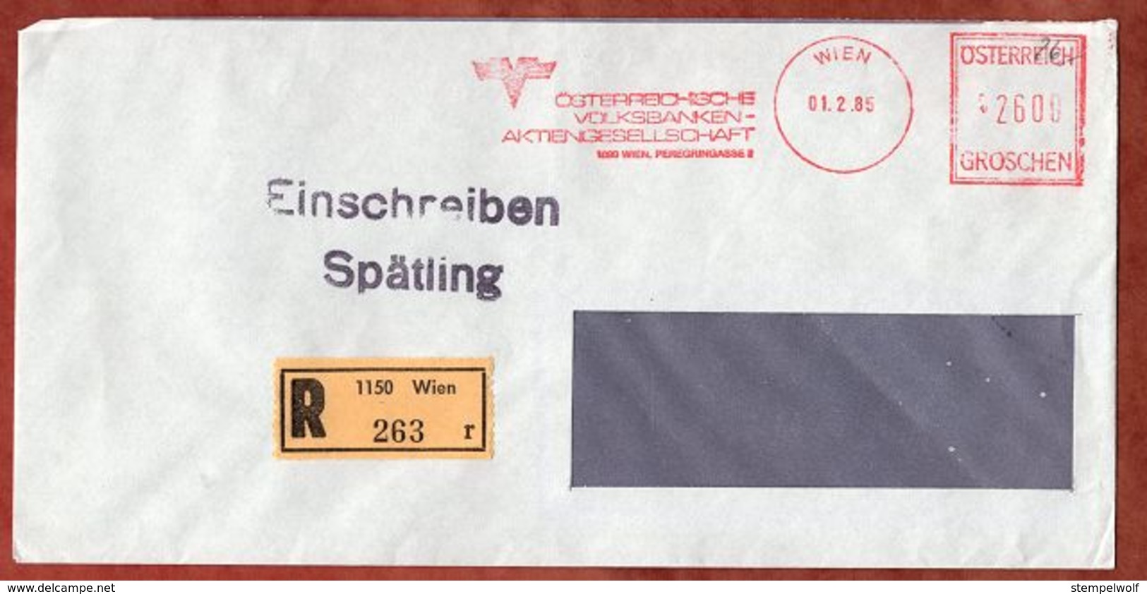 Einschreiben Reco, Spaetling, Absenderfreistempel Oesterreichische Volksbanken Wien 1985 (77407) - Briefe U. Dokumente