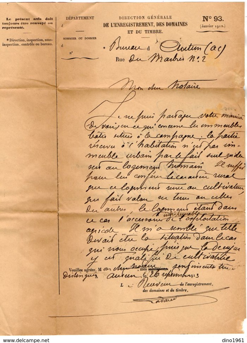 TB 2559 - 1913 - Lettre De L'Administration ......des Domaines Et Du Timbre - Bureau D'AUTUN Pour EPINAC LES MINES - 1877-1920: Semi-Moderne