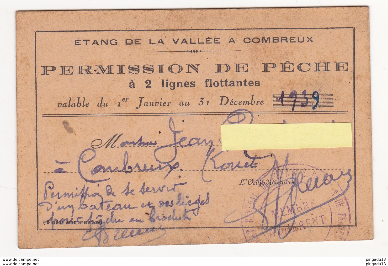 Au Plus Rapide Loiret Combreux Permission De Pêche Dans L'étang Année 1939 - Autres & Non Classés