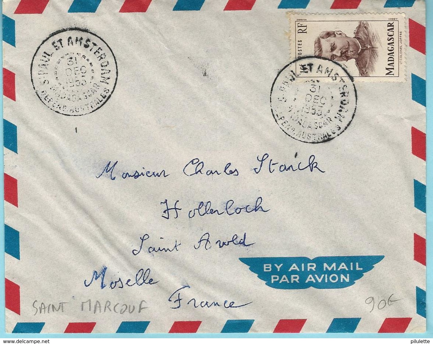 Lettre De St Paul Et Amsterdam Du 31 Décembre 1953 Transporté Par Le Saint-Marcouf.  Timbre De Madagascar - ...-1955 Prefilatelia