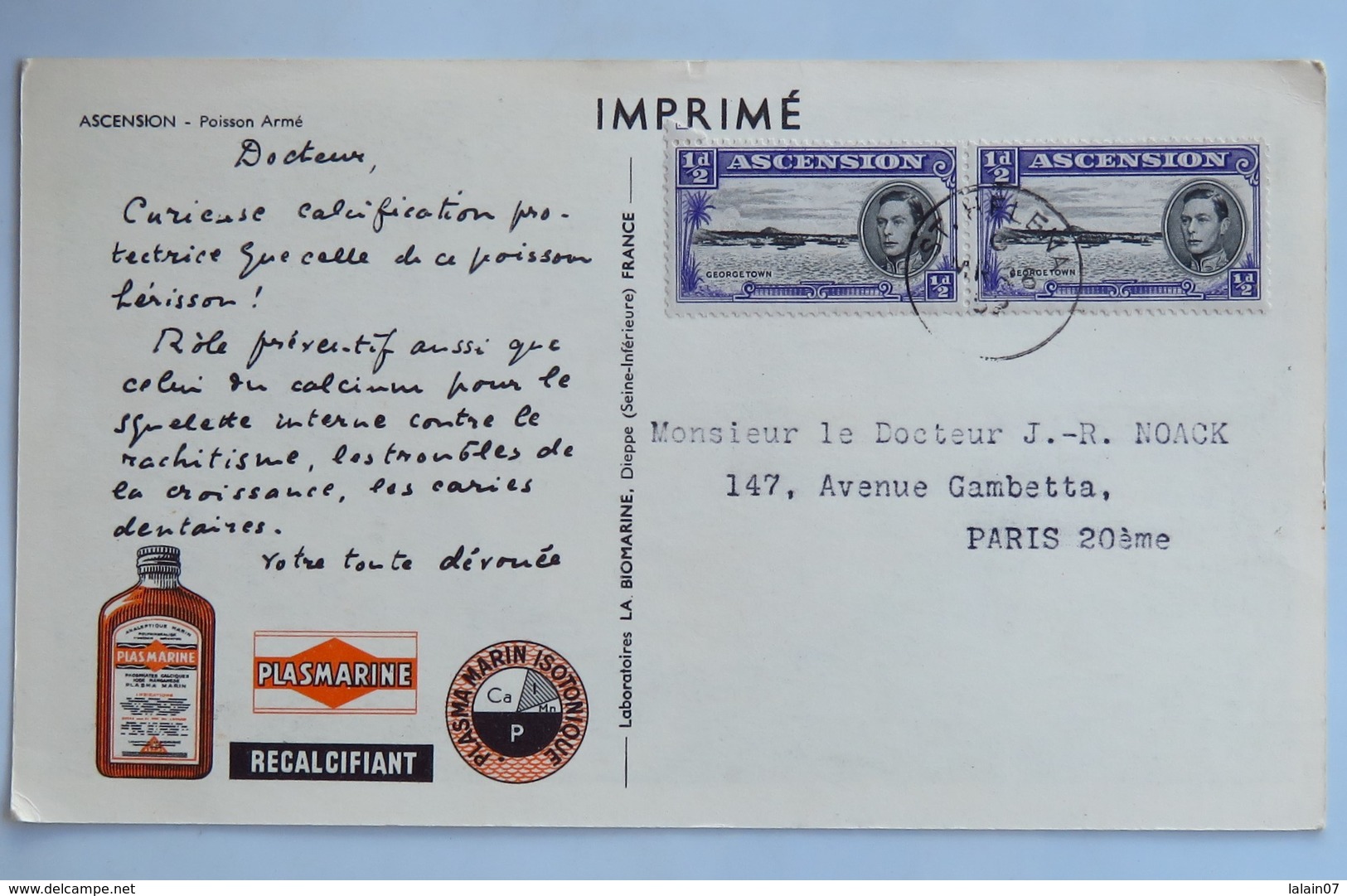 Carte Postale : Ile D' ASCENSION : Poisson Armé, 2 Timbres En 1955, édité Par Plasmarine - Ascension (Ile)