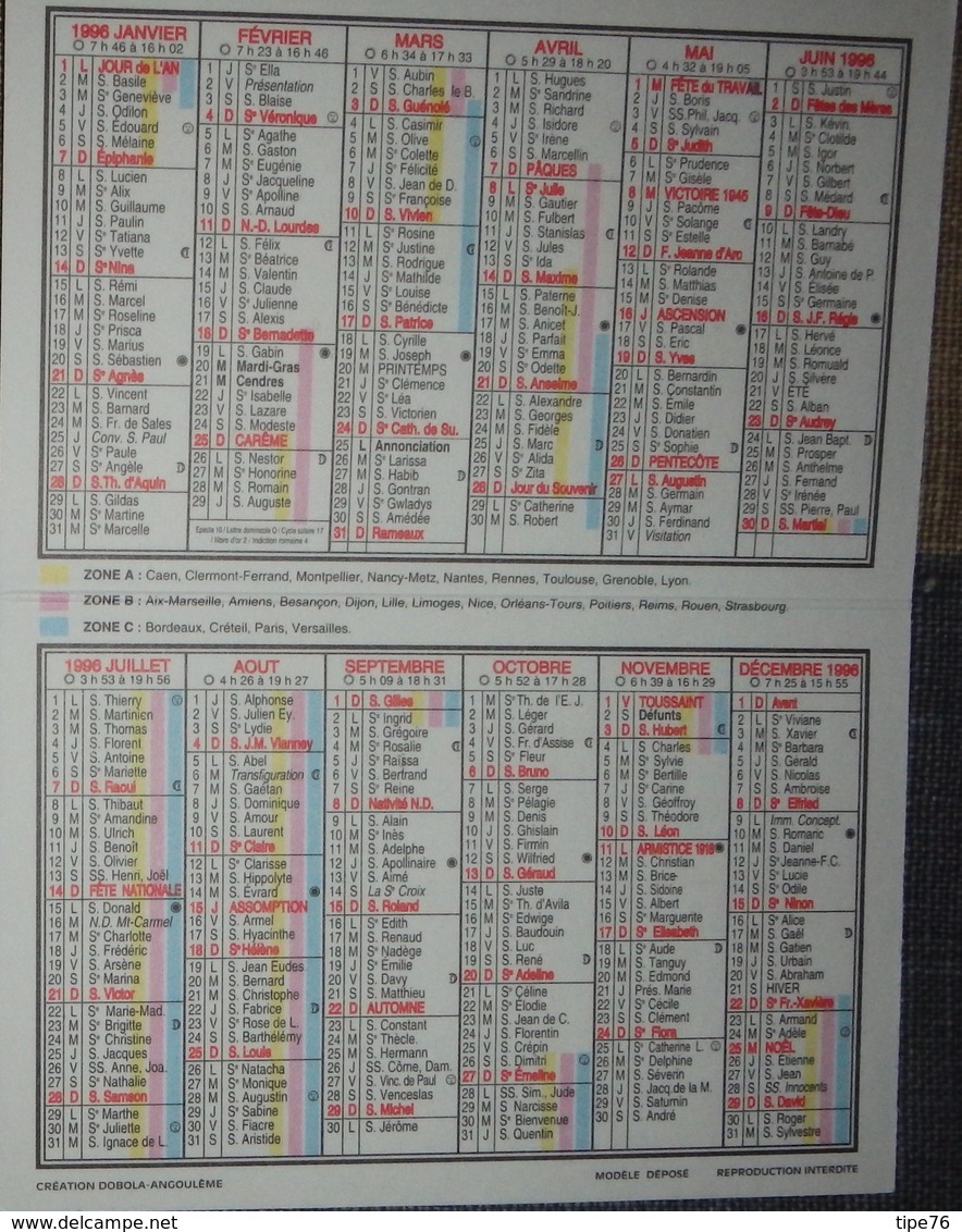 Petit Calendrier Poche 1996 Création Dobola Angouleme - Oiseau Geai Pharmacie Vezins - Small : 1991-00