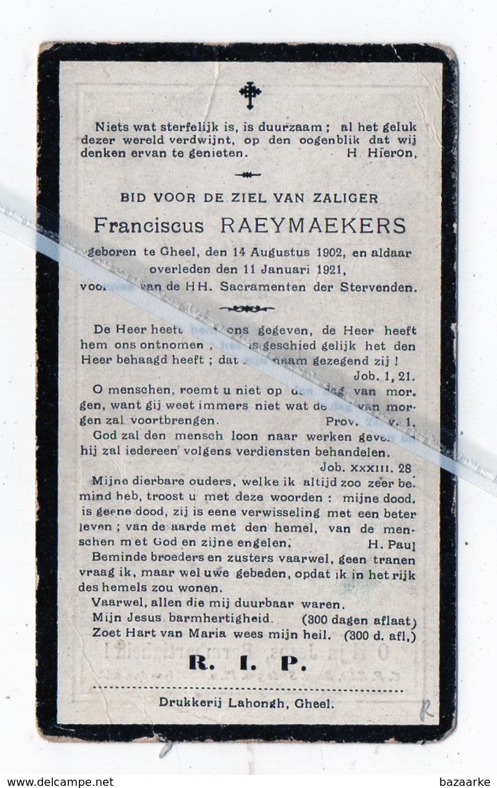 FRANCISCUS RAEYMAEKERS ° GHEEL 1902 + 1921 - Images Religieuses