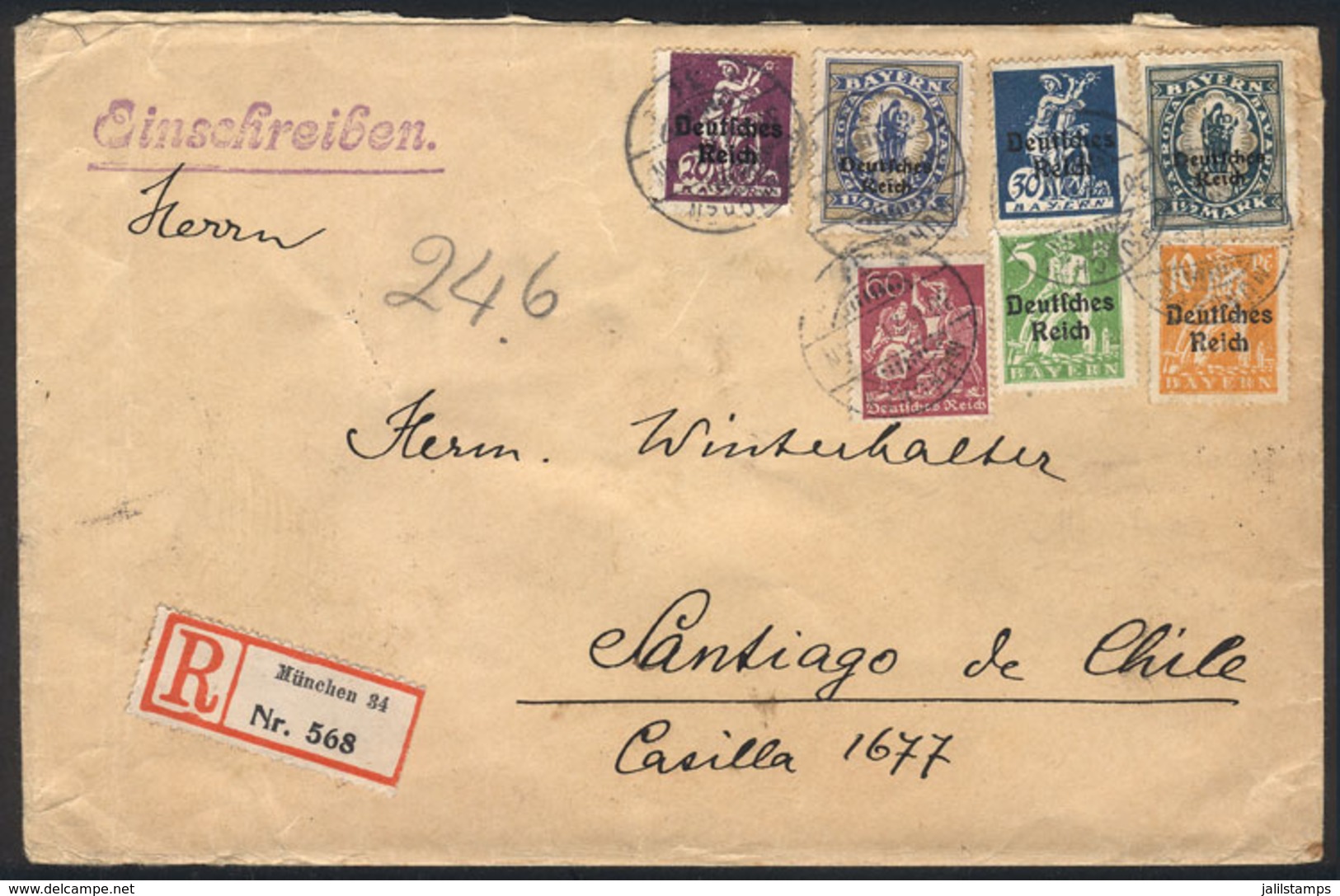 GERMANY: Registered Cover Sent From München To Santiago De Chile In DE/1921 With Beautiful Multicolor Postage, VF Qualit - Prephilately