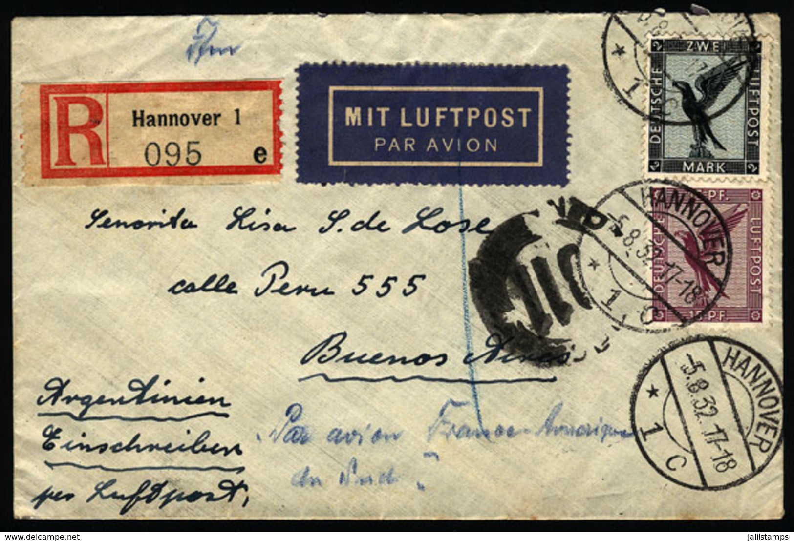 GERMANY: Registered Airmail Cover Sent From Hannover To Argentina On 5/AU/1932 By Air France, Franked With 2.15Mk., VF Q - [Voorlopers