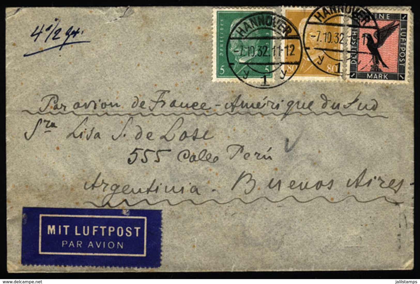 GERMANY: Airmail Cover Sent From Hannover To Argentina On 7/OC/1932 By Air France, Franked With 1.85Mk., Fine Quality! - Prephilately