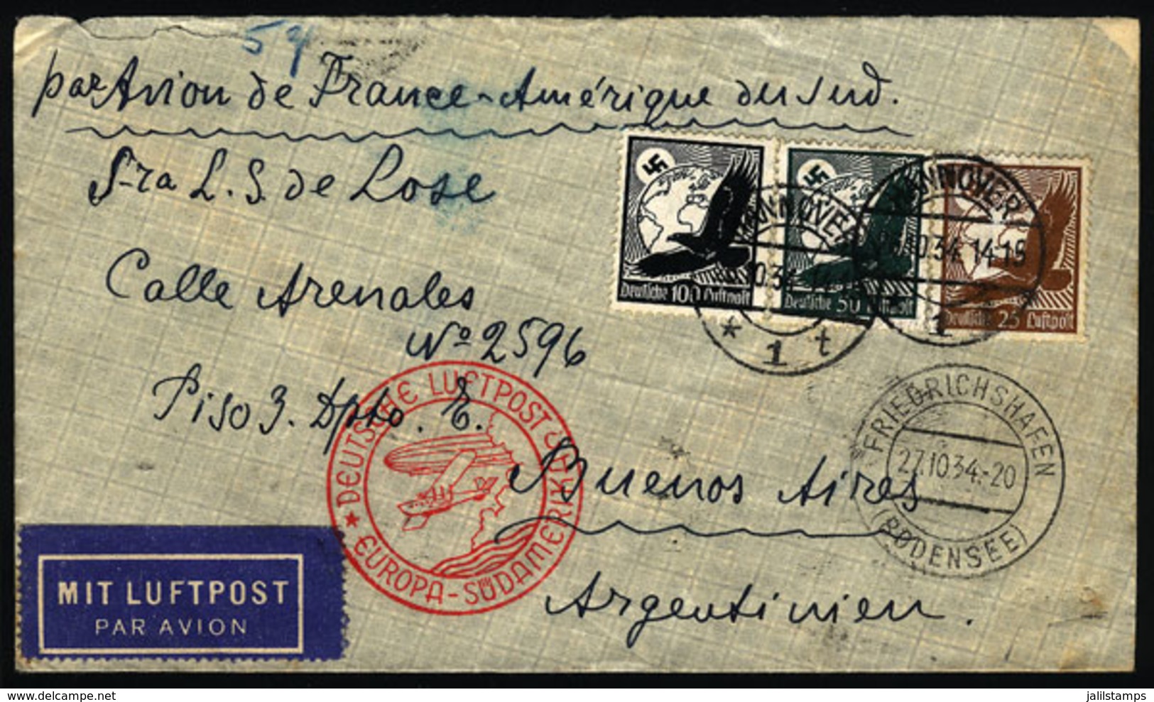 GERMANY: Airmail Cover Sent From Hannover To Argentina On 26/OC/1934 Franked With 1.75Mk. Despite Being Endorsed "Par Av - Precursores