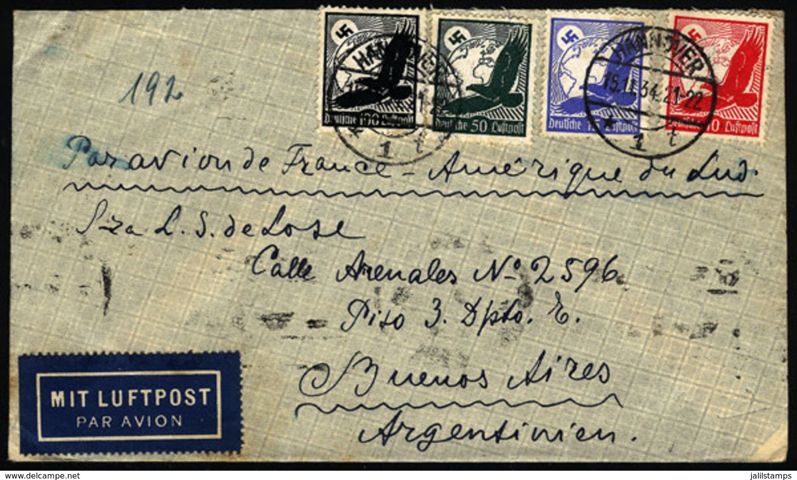 GERMANY: Airmail Cover Sent From Hannover To Argentina On 15/NO/1934 By Air France, Franked With 1.75Mk., Transit Backst - Precursores