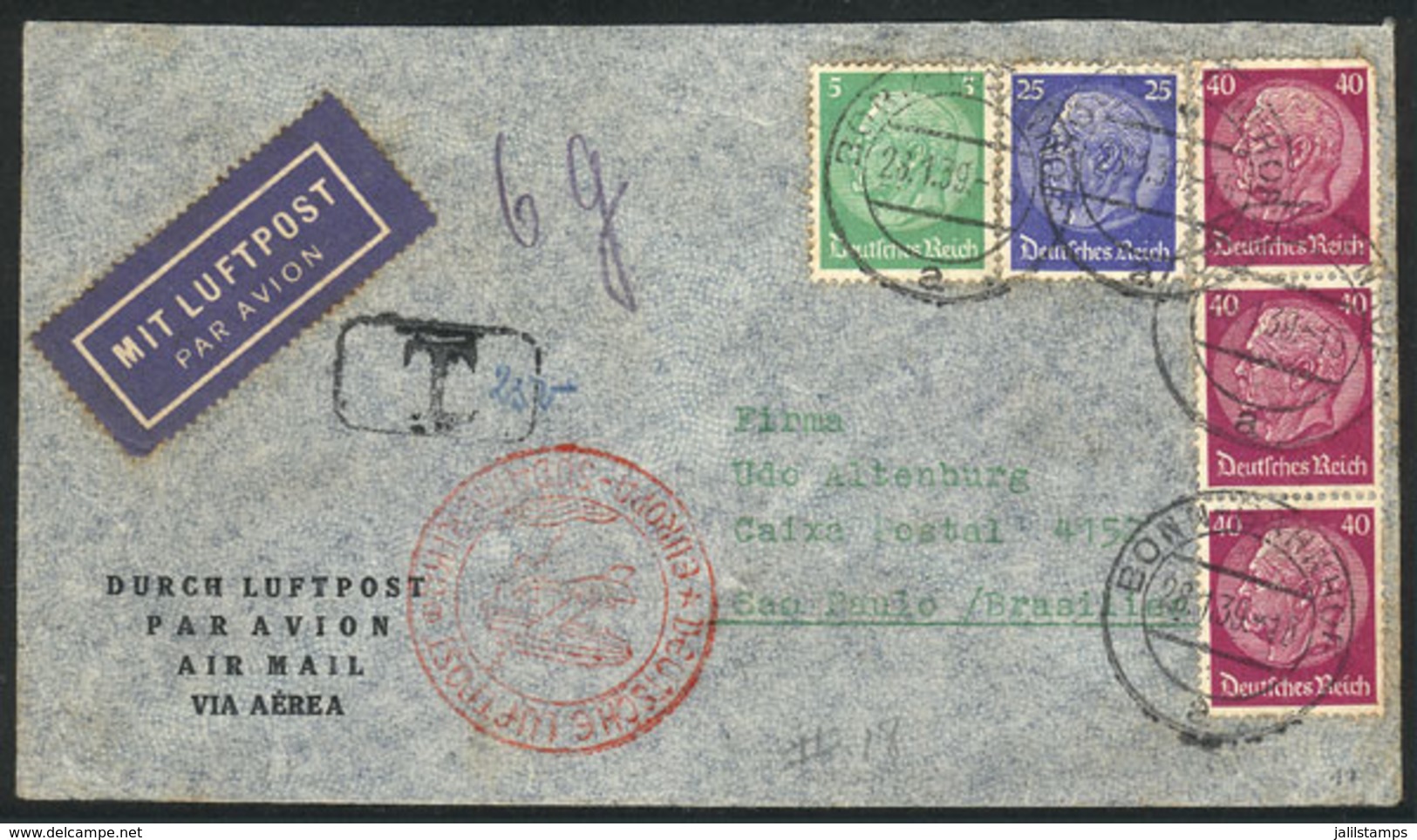 GERMANY: Airmail Cover Sent From Bonn To Brazil On 28/JA/1939 Franked With 1.50Mk., With Due Mark Due To Insufficient Po - Vorphilatelie