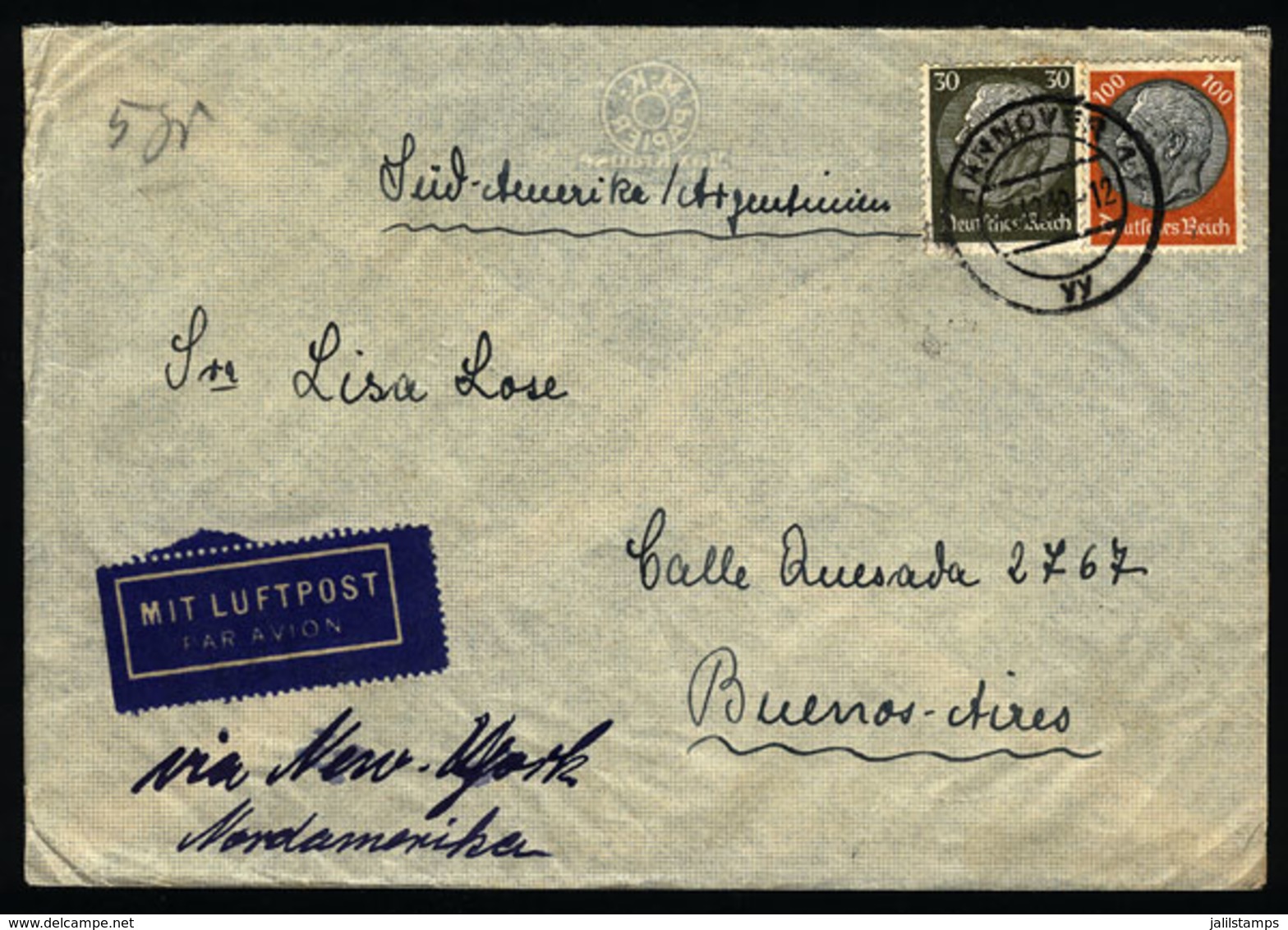 GERMANY: Airmail Cover Sent From Hannover To Argentina On 8/DE/1939, Franked With 1.30Mk. And Censored On Back, Very Int - [Voorlopers