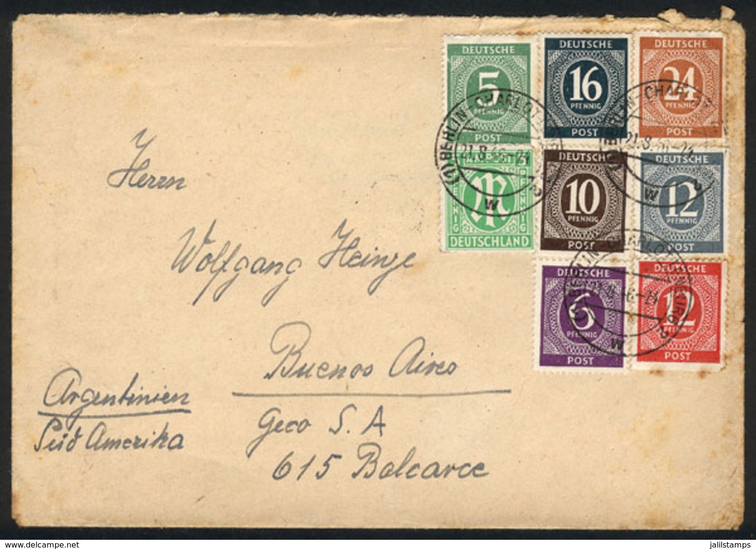 WEST GERMANY: Cover Sent From Berlin To Buenos Aires On 21/AU/1946, With Multicolor Postage Of 90Pg. Including 2 TWIN VA - Briefe U. Dokumente