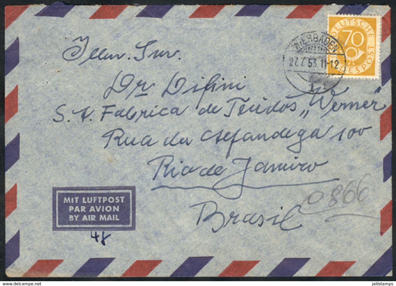 WEST GERMANY: Airmail Cover Franked By Michel 136 ALONE, Sent From Wiesbaden To Rio De Janeiro On 27/JUL/1953, VF! - Briefe U. Dokumente