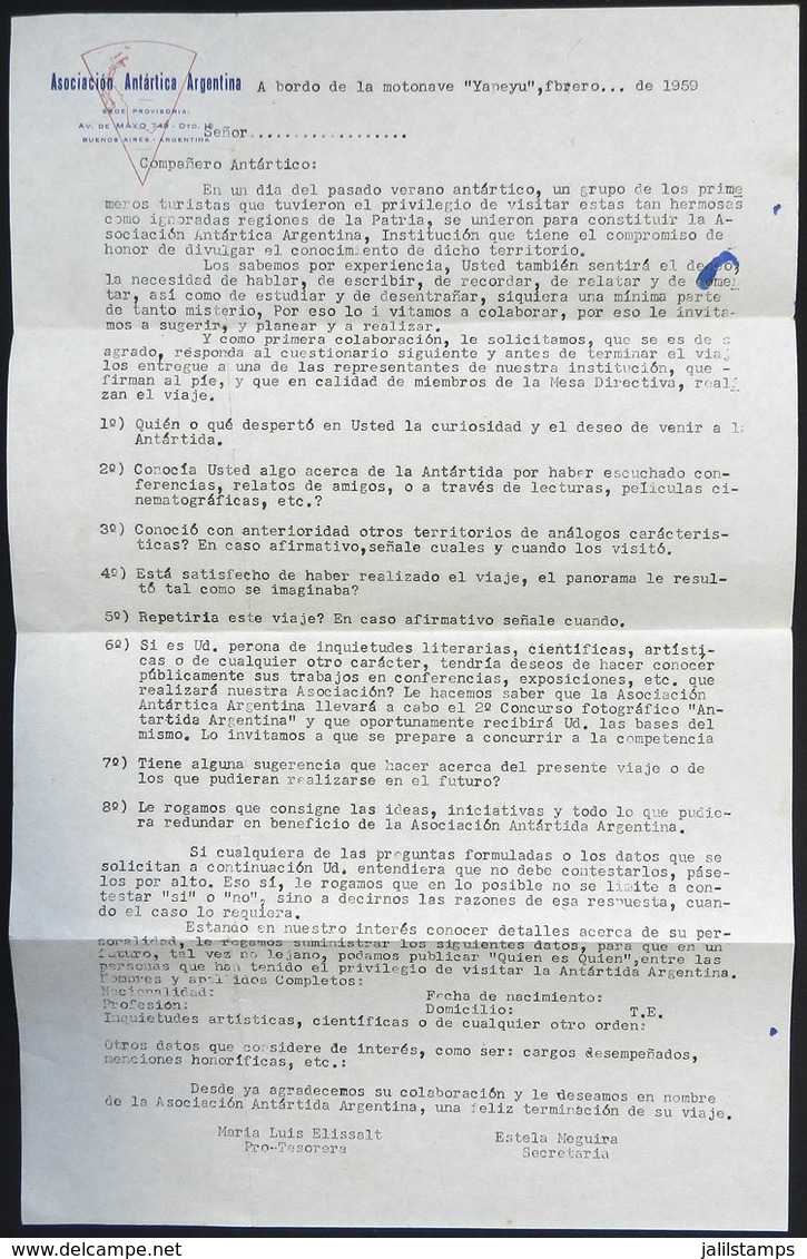 ARGENTINE ANTARCTICA: Questionnaire Of Asociación Antártica Argentina Given To The Passengers Onboard Ship Yapeyú During - Sonstige & Ohne Zuordnung