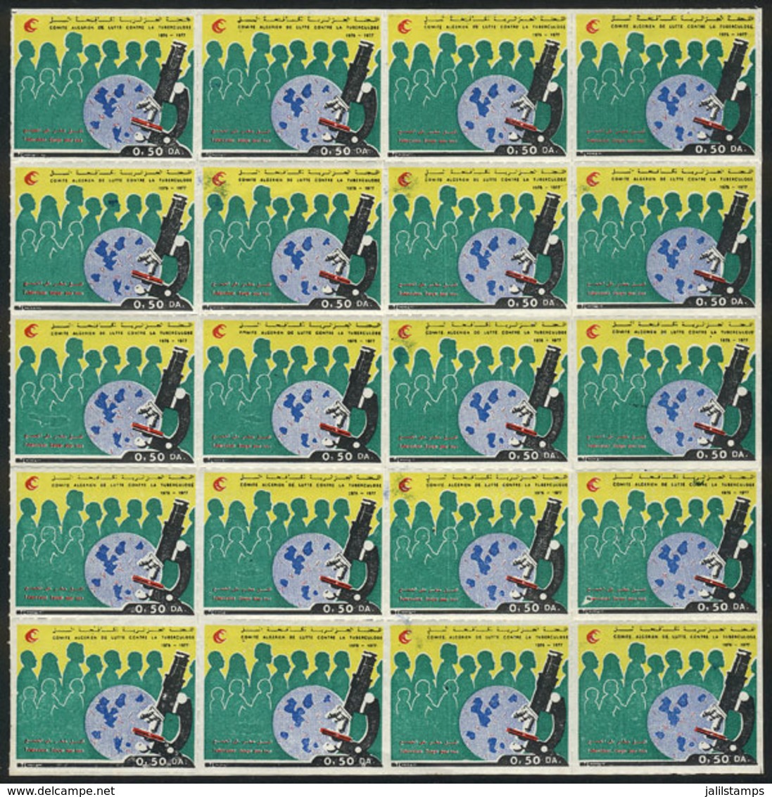 ALGERIA: FIGHT AGAINST TUBERCULOSIS: 1976/7 Issue, Complete Sheet Of 20 Stamps, Microscope And Koch Bacille, VF Quality, - Algérie (1962-...)