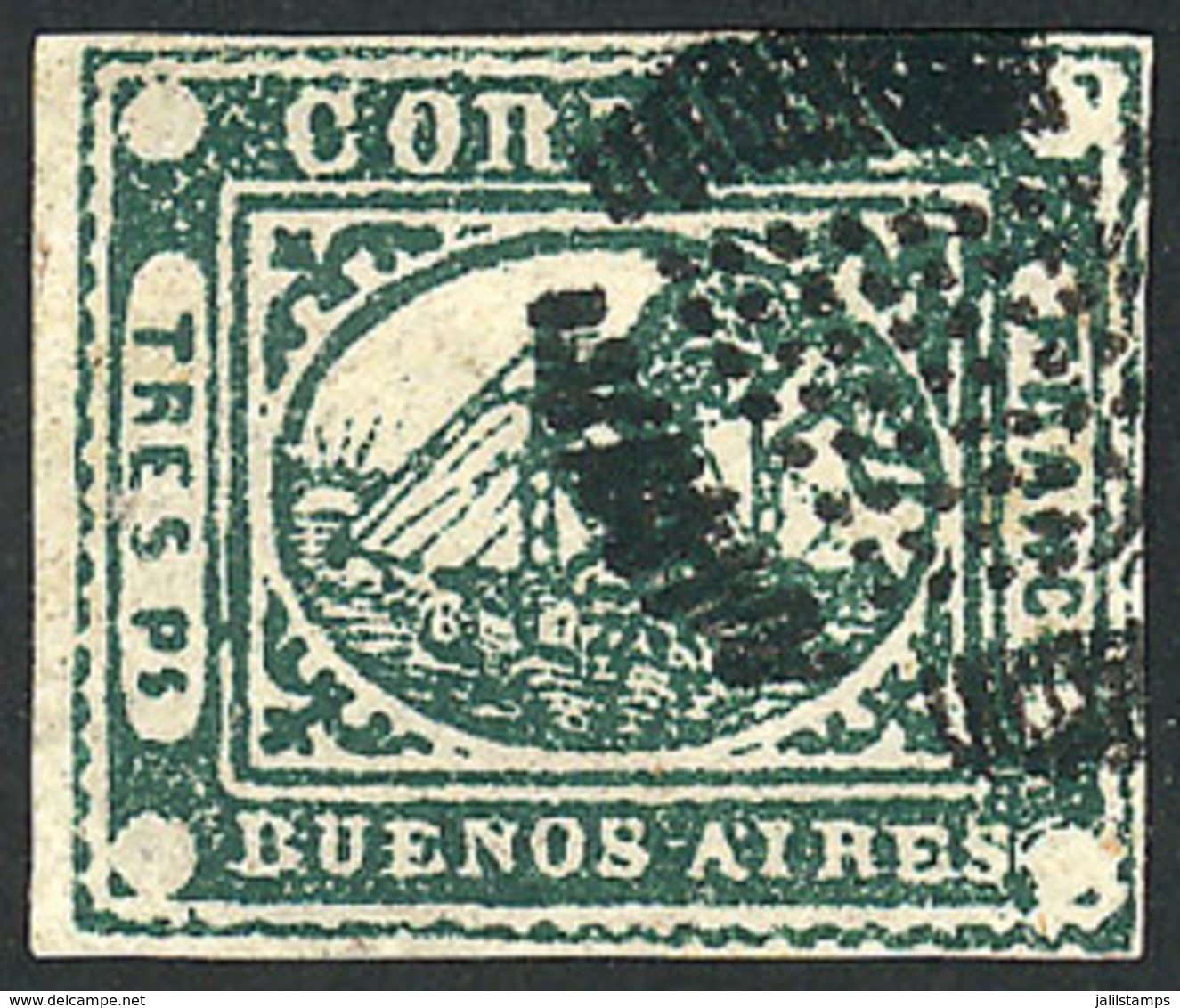 ARGENTINA: GJ.6, Tres Ps. Green, FORGERY Of Sperati, VF Quality! - Buenos Aires (1858-1864)