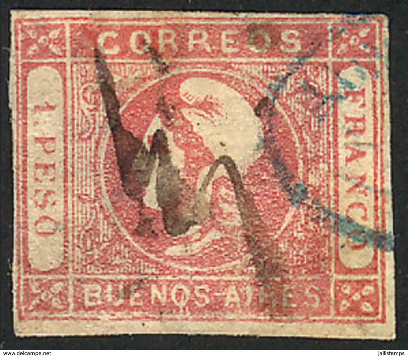 ARGENTINA: GJ.21, 1P. Rose, With Double Cancellation: Pen + Blue "Admon. De Correos De LUJAN" In Oval (very Rare), Defec - Buenos Aires (1858-1864)