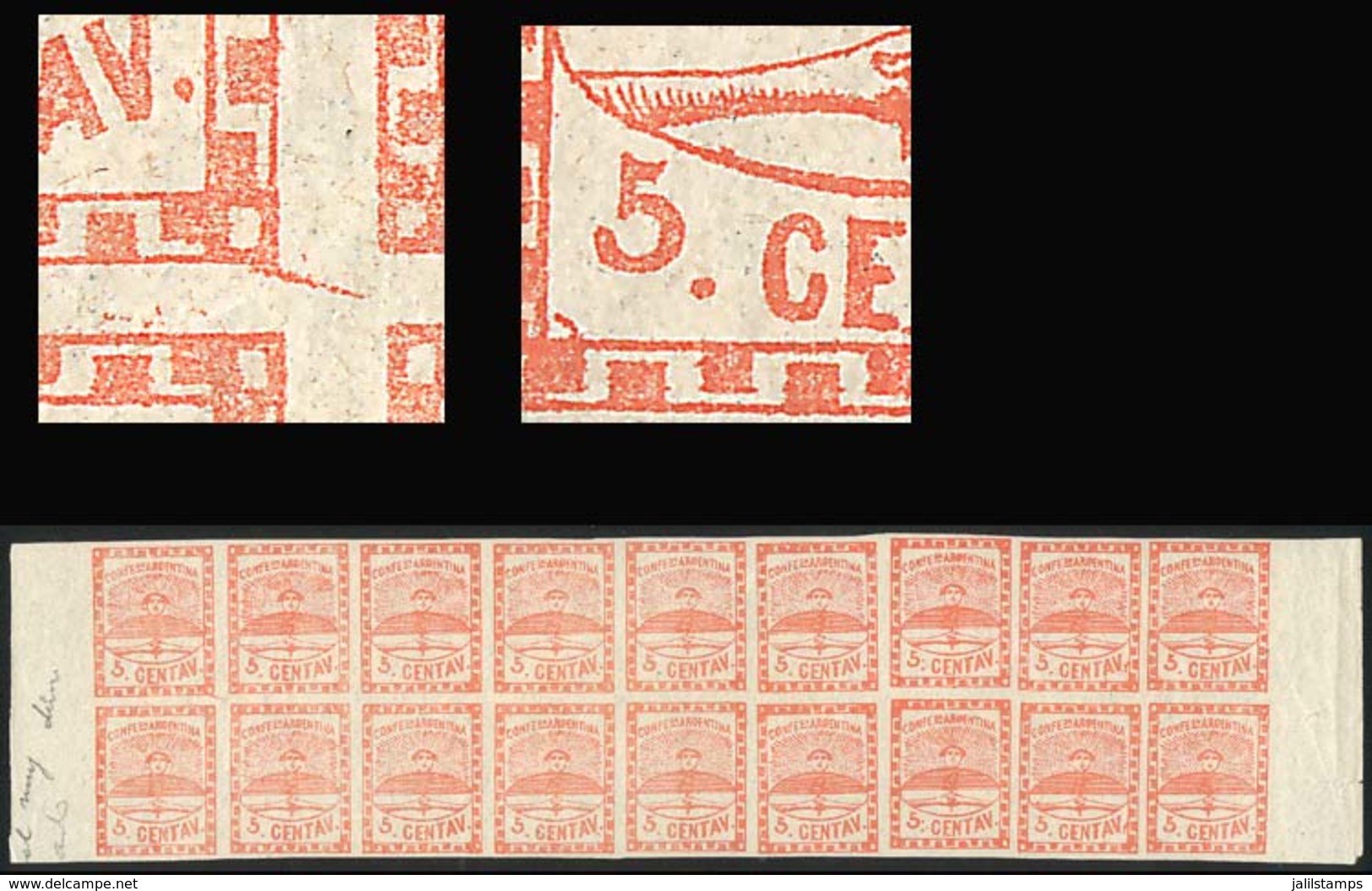 ARGENTINA: GJ.1a, 5c. Small Figues, Dull Red, Double Strip With The 9 Types Including Interesting VARIETIES, For Example - Unused Stamps