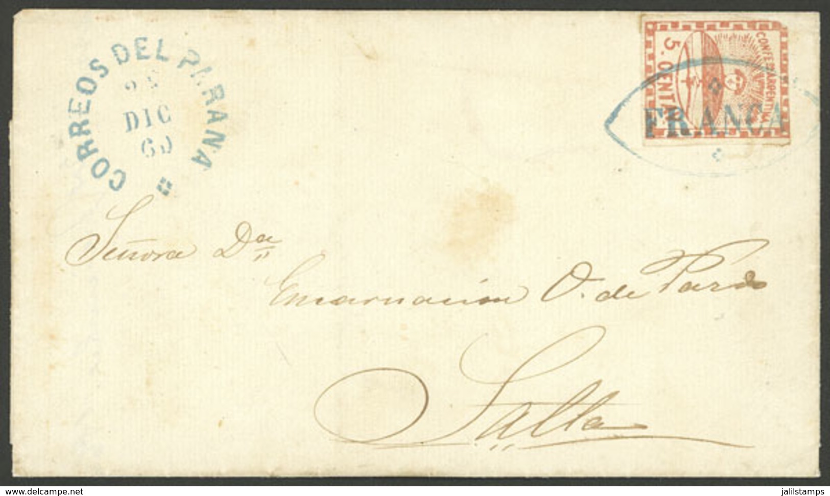 ARGENTINA: GJ.1e, 5c. Red Franking A Folded Cover Sent From Paraná To Salta On 24/DE/1860, VF Quality! - Ungebraucht