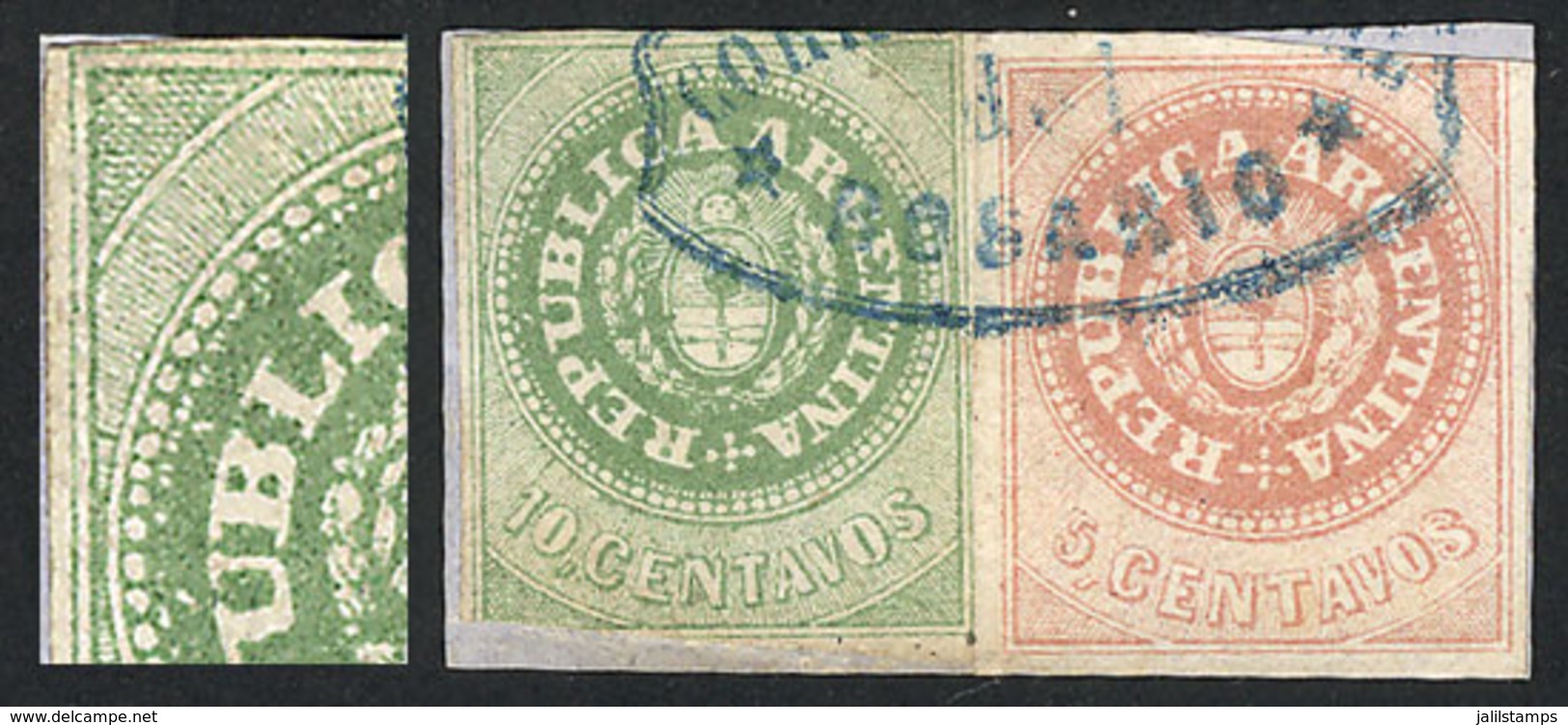 ARGENTINA: GJ.8 Var. + 7, Fragment With Escuditos Of 5c. + 10c., Both With Accent. The 10c. Example WITH VARIETY: Accent - Used Stamps