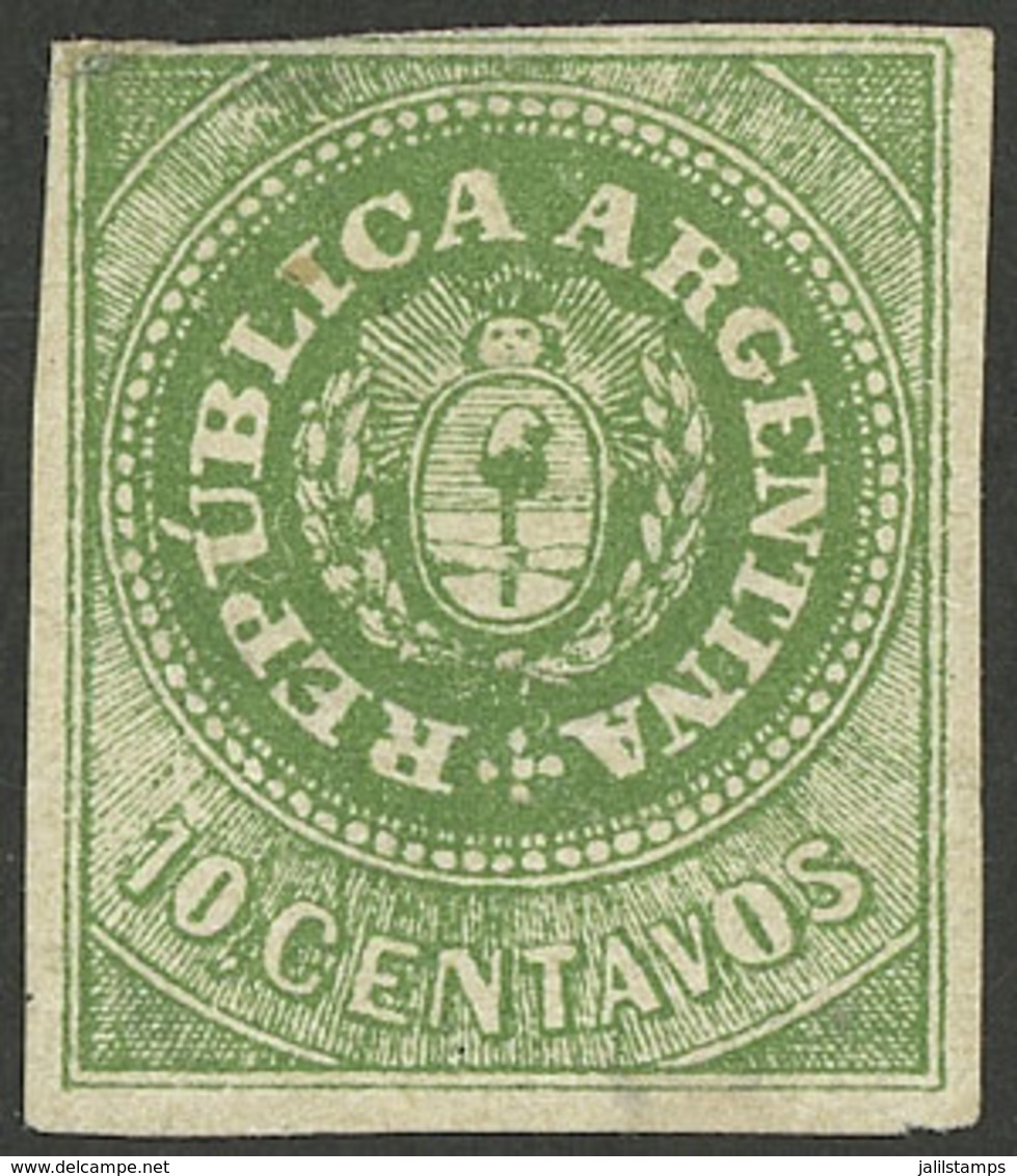 ARGENTINA: GJ.8A, 10c. Grass Green, Mint, Light Thin On Back (almost Insignificant) And Nice Front, Rare Color In Mint! - Used Stamps