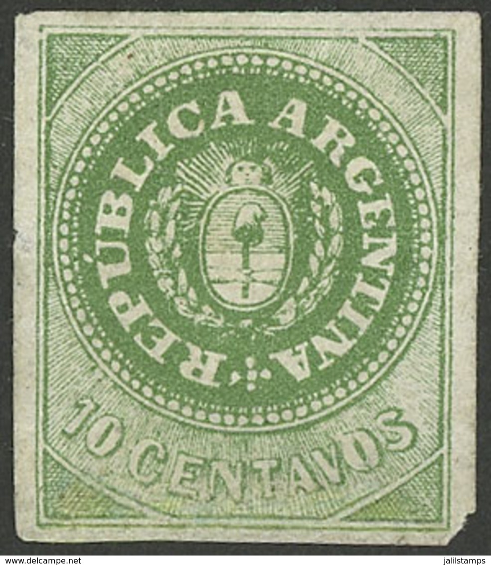 ARGENTINA: GJ.8Bb, 10c. Dark Green, With "8 Cut Angles" Variety, Mint, Extremely Rare, Signed By Kneitschel On Back!" - Used Stamps