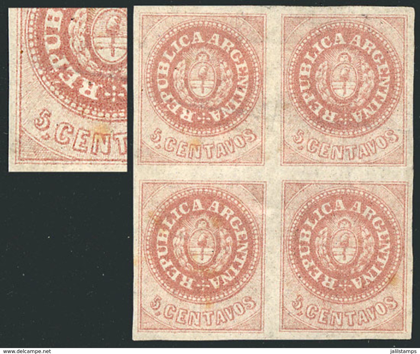 ARGENTINA: GJ.10, 5c. Without Accent Over The U, Block Of 4, Mint Part Original Gum, One With Variety: Accent Over The E - Gebraucht