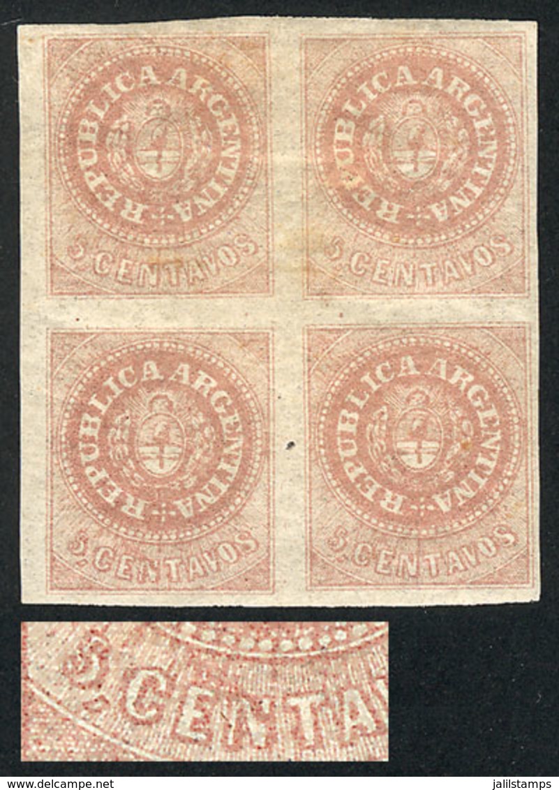 ARGENTINA: GJ.10, 5c. Dull Rose Without Accent Over The U, Block Of 4, Mint Original Gum, One With "RETOUCH In EN Of CEN - Used Stamps