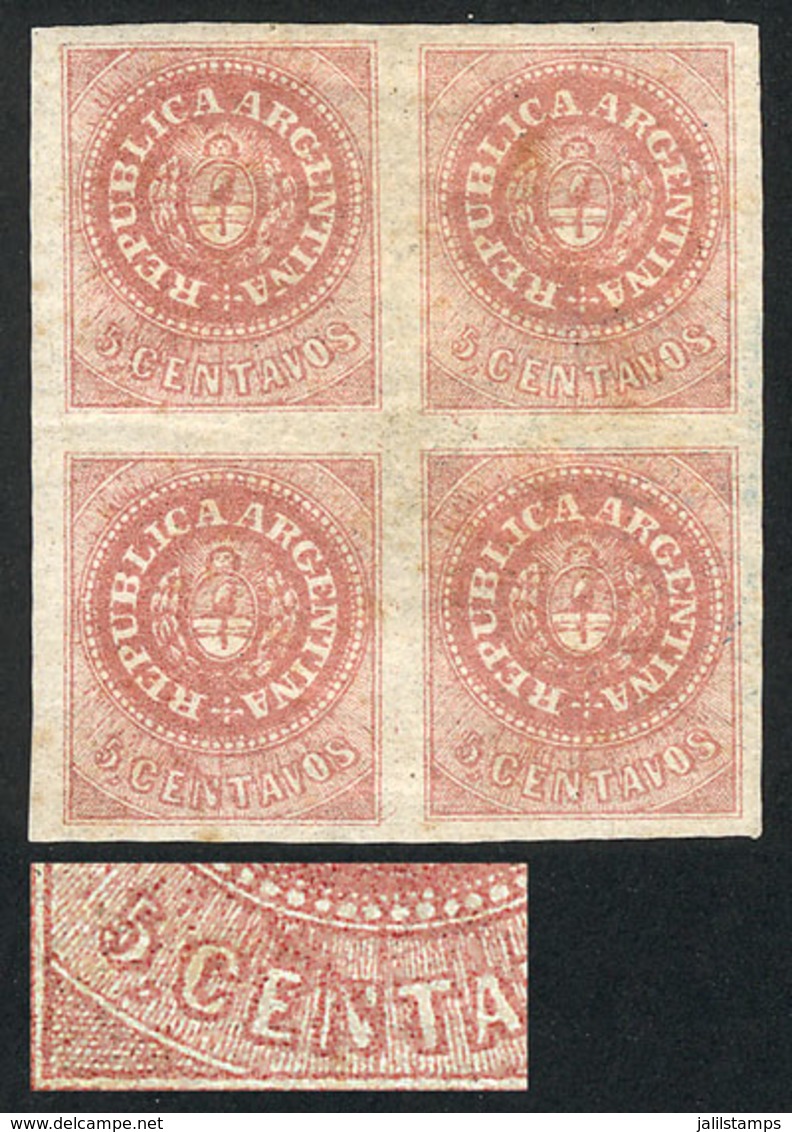 ARGENTINA: GJ.10, 5c. Rose Without Accent Over The U, Block Of 4, Mint Original Gum, One With "RETOUCH In EN Of CENTAVOS - Used Stamps