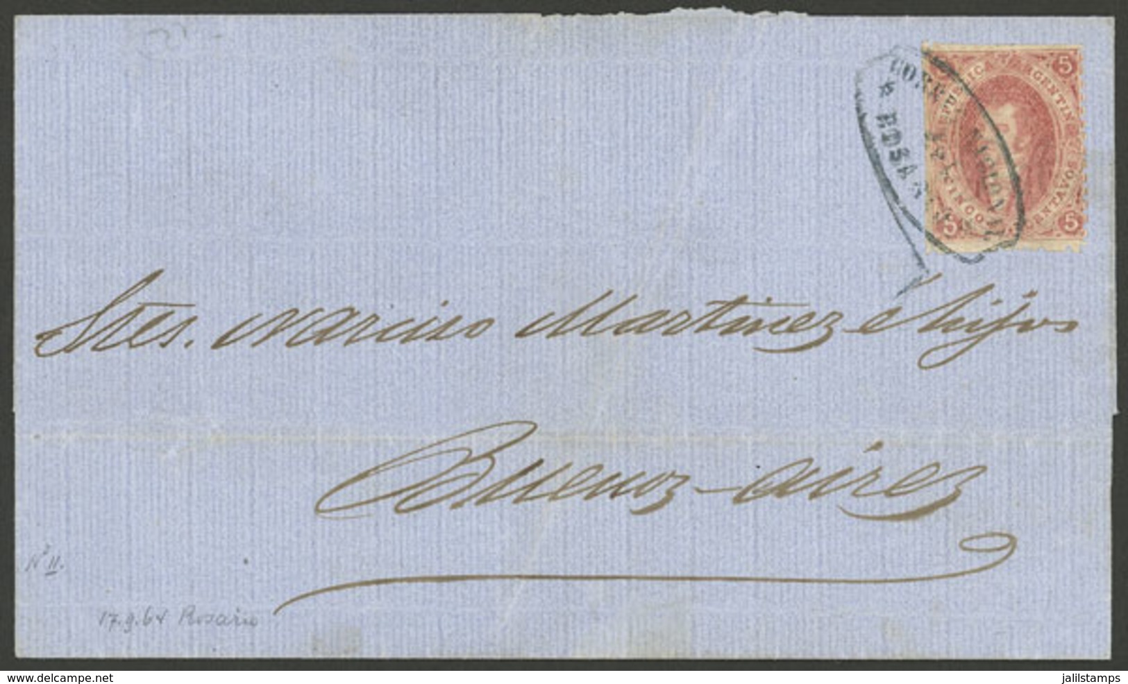 ARGENTINA: GJ.19, 1st Or 2nd Printing, Nice Example Franking A Folded Cover Dated 17/SE/1864, Sent From Rosario To Bueno - Gebraucht