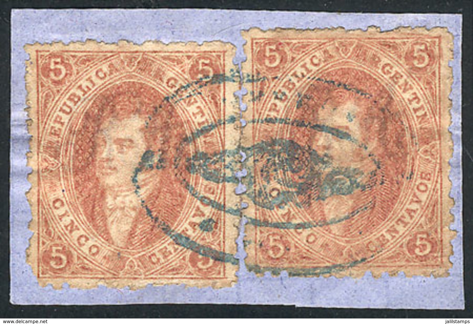ARGENTINA: GJ.20, Fragment With 2 Examples From 3rd Printing With Blue Rococo Cancel To Be Determined, Very Nice, Low St - Oblitérés