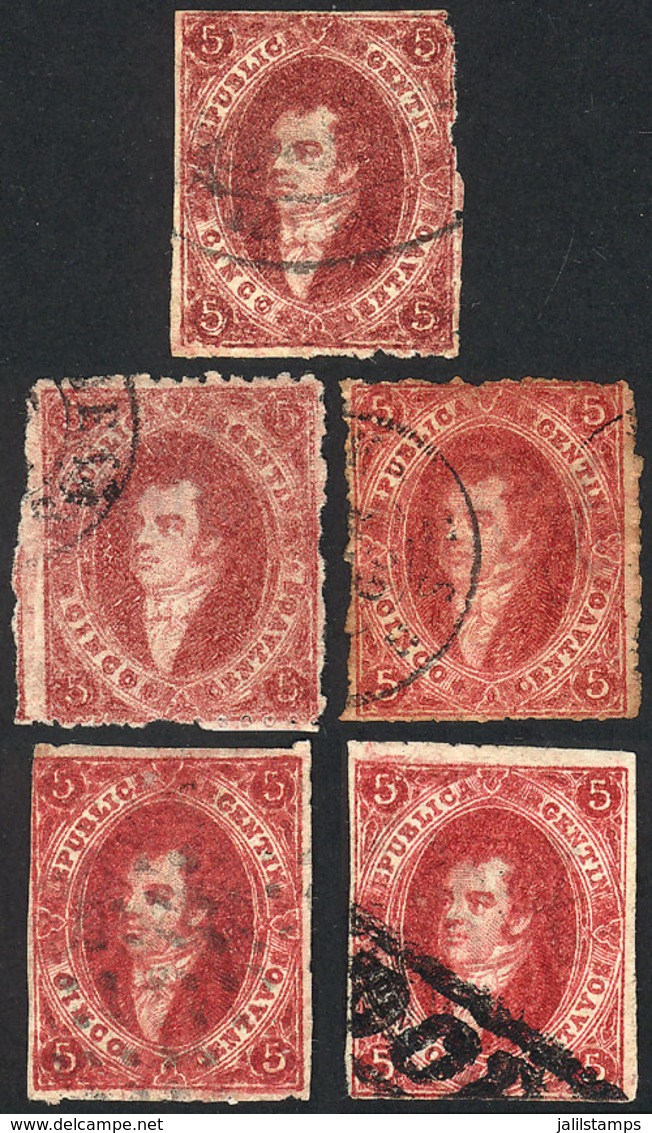 ARGENTINA: GJ.26, 5th Printing, Lot Of 5 Stamps, All Different (very Notable Color Variations), Interesting! - Used Stamps