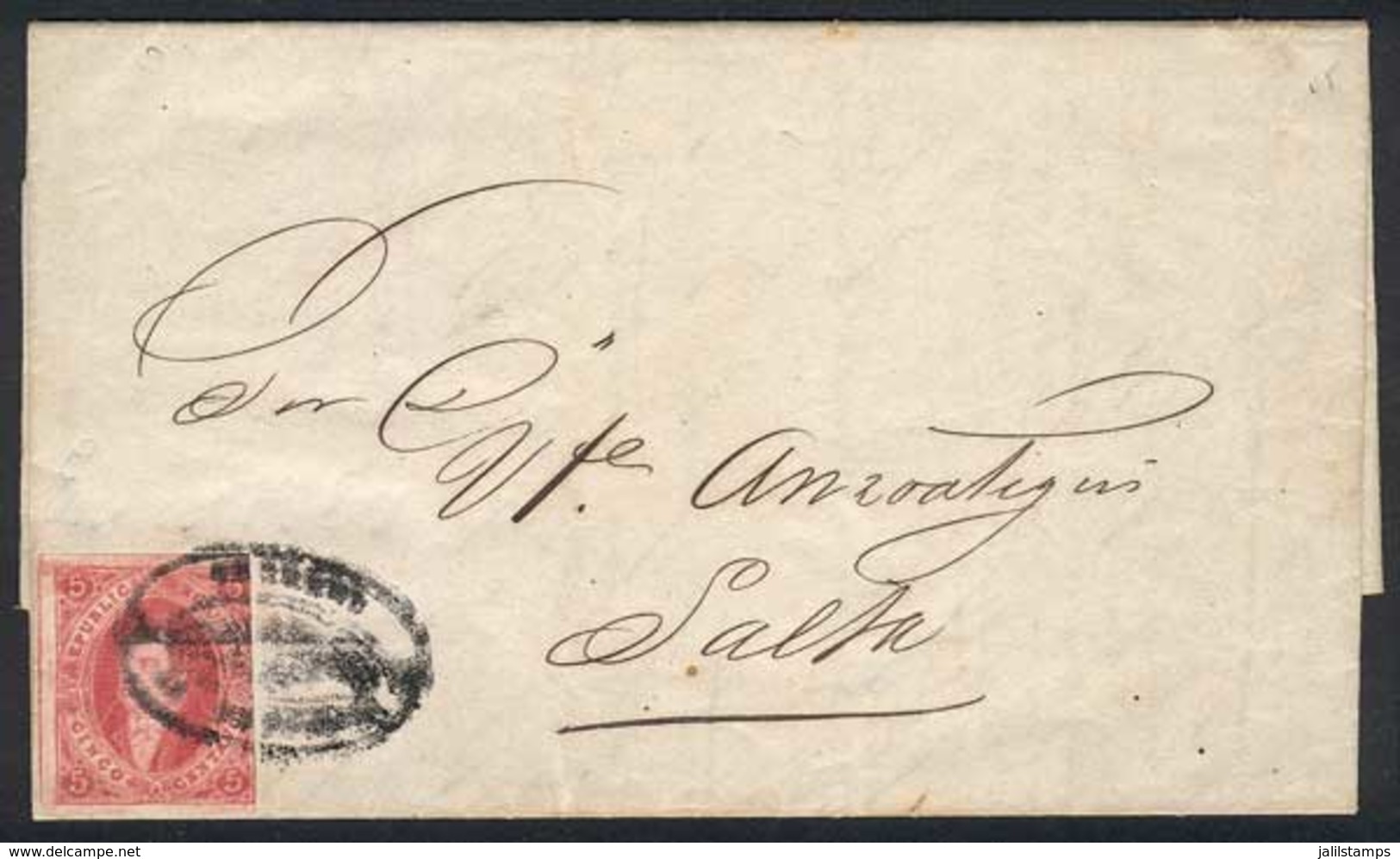 ARGENTINA: GJ.32, 7th Printing Imperforate, Franking A Complete Folded Letter Sent To Salta On 2/JA/1868, "rococo" Cance - Oblitérés