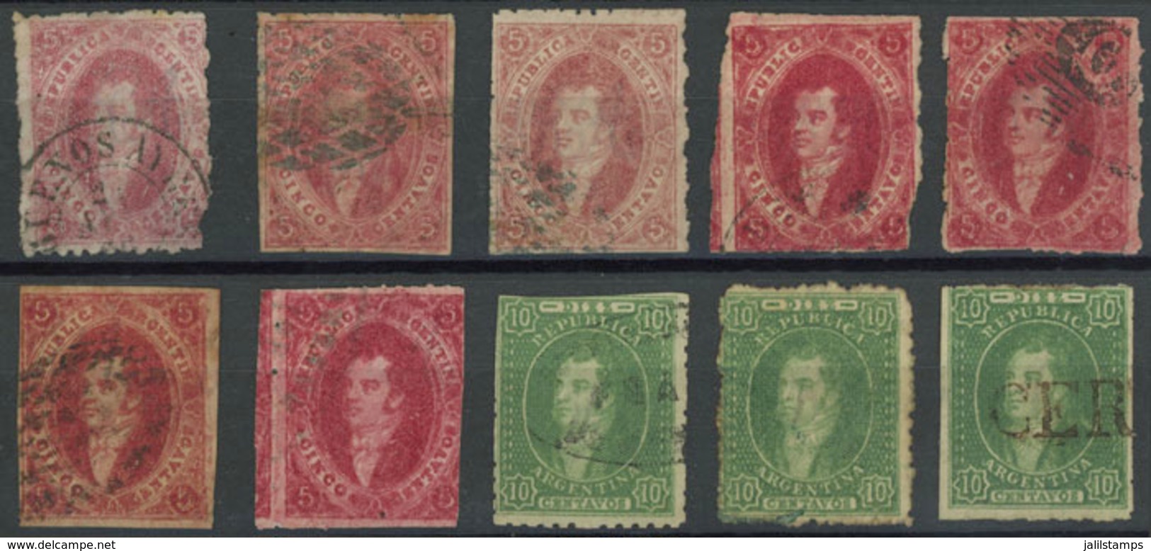 ARGENTINA: Lot Of 7 Examples Of 5c. + 3 Of 10c. In Stockcard, Mixed Quality (some With Defects, Others Of Fine Quality), - Oblitérés