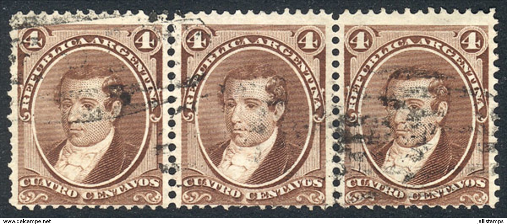 ARGENTINA: GJ.36, Moreno 4c. Strip Of 3 With Semi-mute "G" Cancel Of GUALEGUAYCHÚ, VF Quality, Rare!" - Other & Unclassified