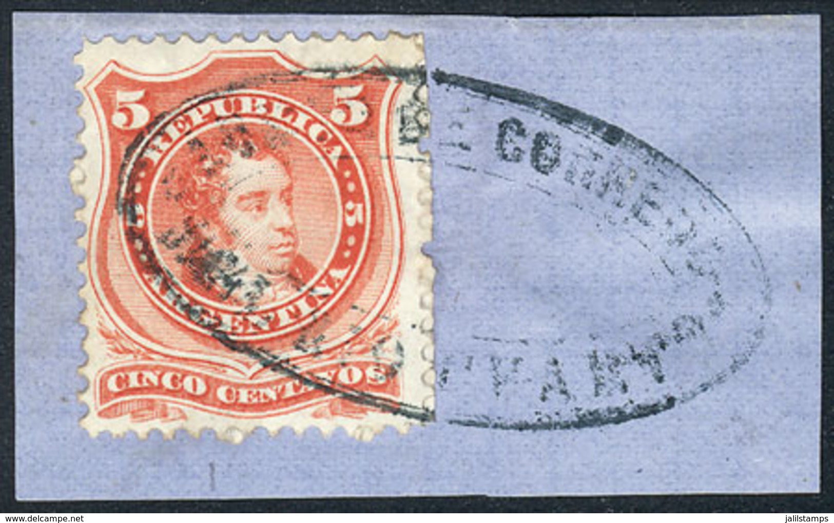 ARGENTINA: GJ.37, Rivadavia 5c. Groundwork Of Horizontal Lines, On Fragment With Oval "ADMON. DE CORREOS DEL RIO CUARTO" - Other & Unclassified