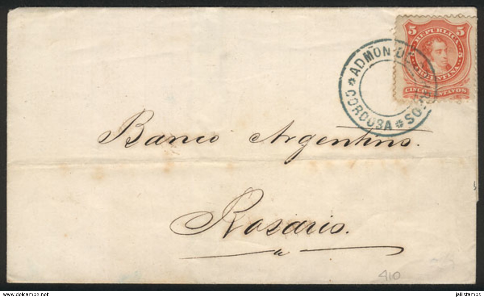 ARGENTINA: GJ.37, Rivadavia 5c. Groundwork Of Horizontal Lines, Franking A Folded Cover To Rosario, With Green-blue "ADM - Autres & Non Classés