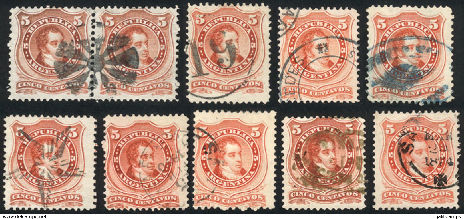 ARGENTINA: GJ.38, Lot Of 8 Stamps + 1 Pair With Different Cancels, Some VERY RARE, Excellent Quality! - Other & Unclassified