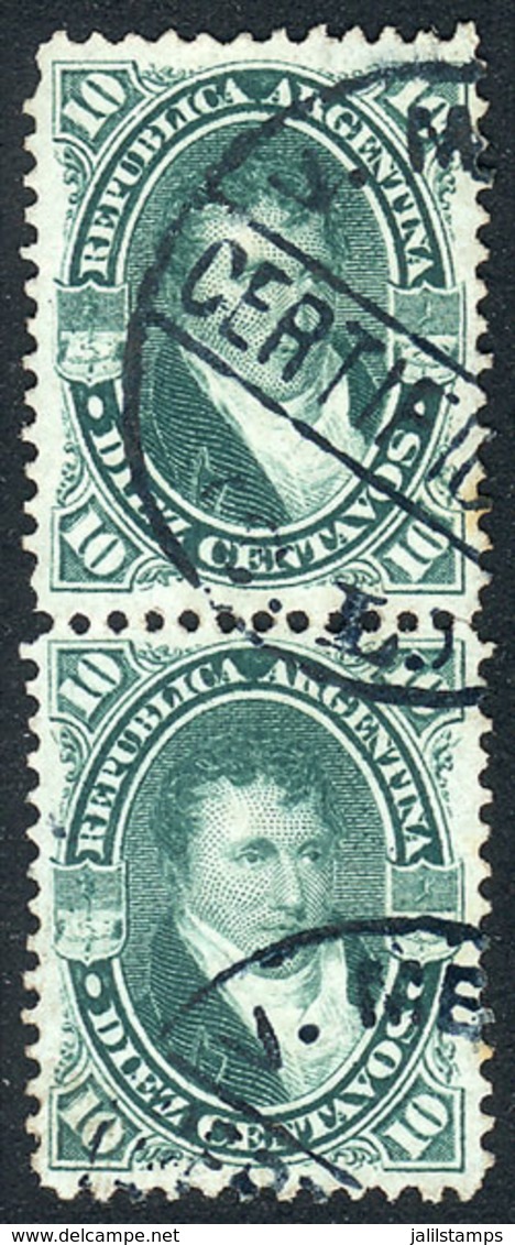 ARGENTINA: GJ.39, Belgrano 10c., Pair Cancelled VILLA MERCEDES - CERTIFICADO - SAN LUIS, VF, Rare! - Autres & Non Classés