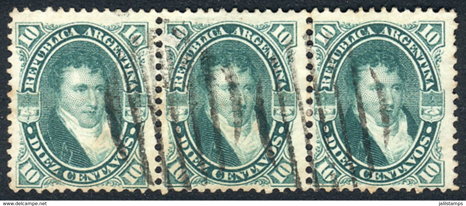 ARGENTINA: GJ.39, Belgrano 10c. Strip Of 3 With Mute Barred Cancel Of GOYA (Corrientes), VF, Very Rare! - Other & Unclassified