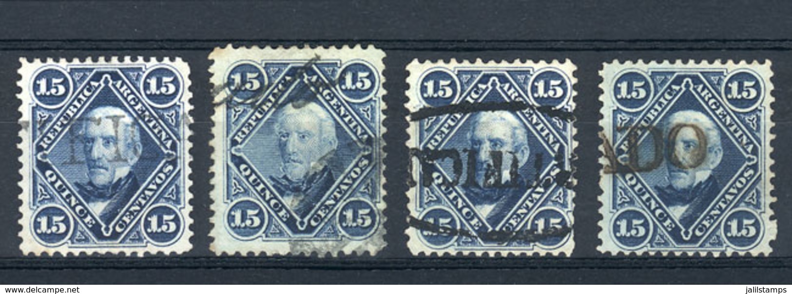 ARGENTINA: GJ.40, San Martín 15c., 4 Examples With Different CERTIFICADO Cancels, Superb, Rare! - Autres & Non Classés