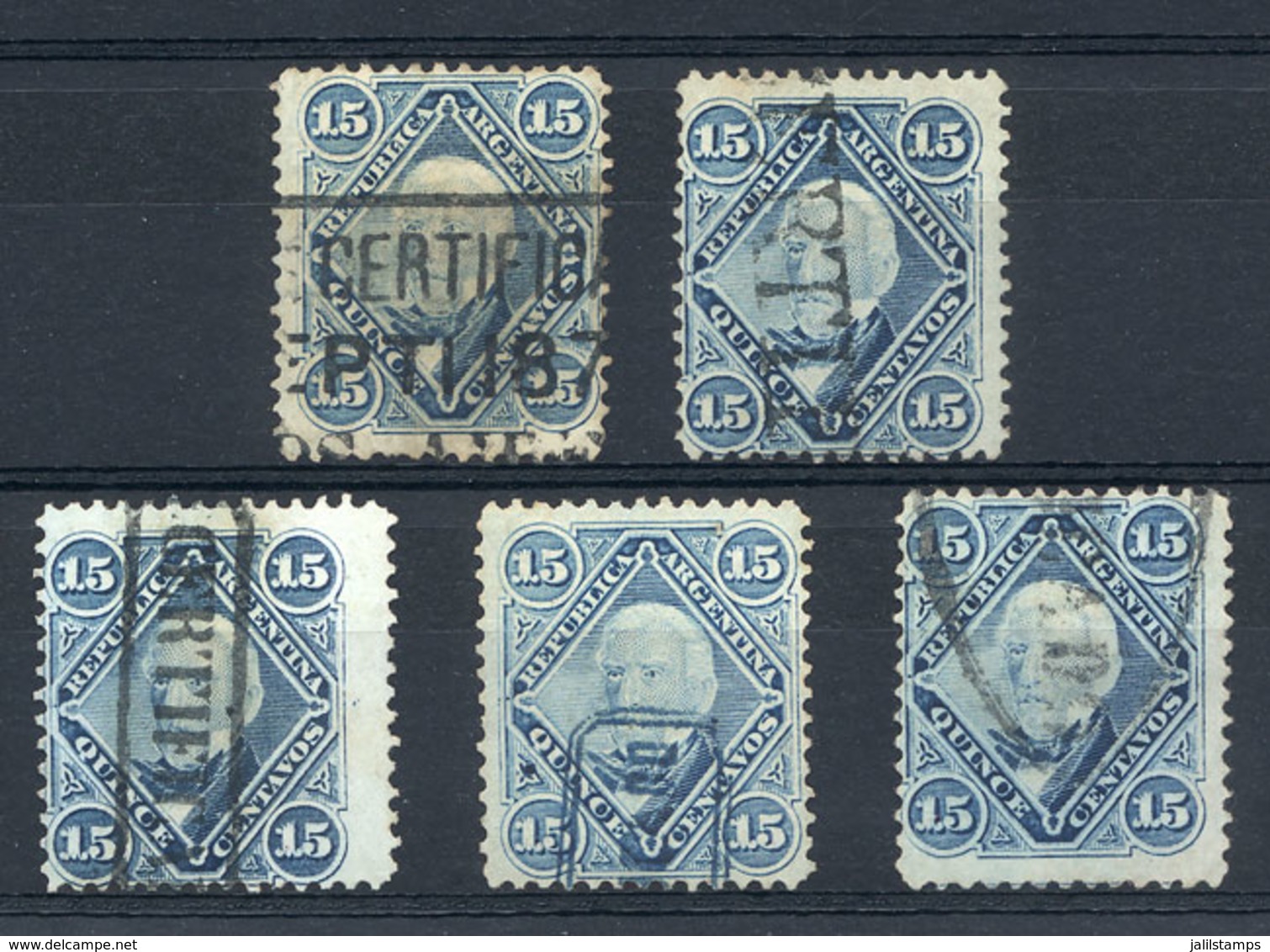 ARGENTINA: GJ.41, San Martín 15c. Groundwork Of Horizontal Lines, 5 Examples With Different CERTIFICADO Cancels, Superb, - Sonstige & Ohne Zuordnung