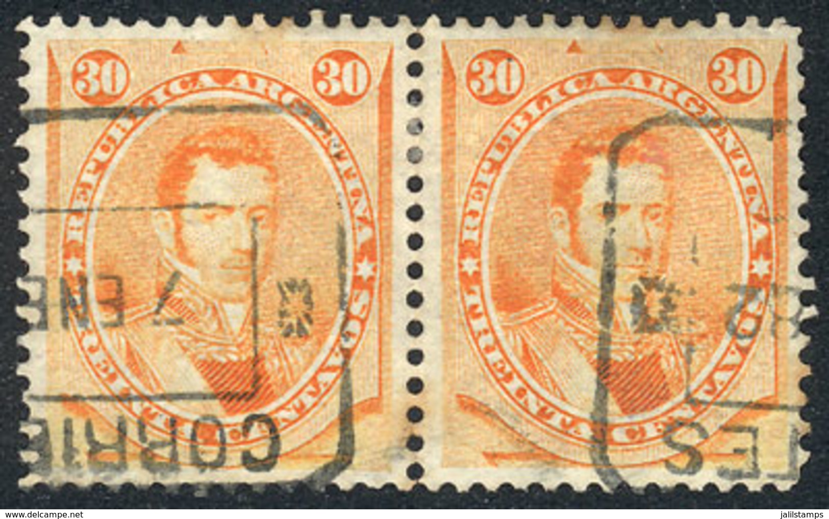 ARGENTINA: GJ.42, 30c. Alvear PAIR With Rectangular Datestamp Of CORRIENTES, Superb, Rare! - Autres & Non Classés