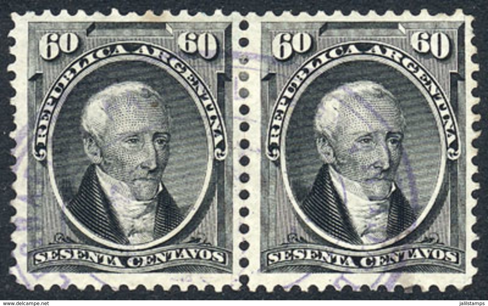 ARGENTINA: GJ.43, 60c. Posadas Pair With Violet Oval Cancel, Possibly Of A Justice Of The Peace Court, VF, Rare! - Sonstige & Ohne Zuordnung